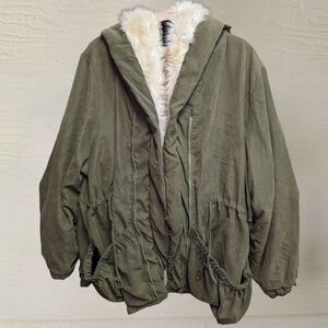 Sage Green Hooded Stadium Coat by roiiiii– Faux-Fur Lined, Drawstring Waist-XLg